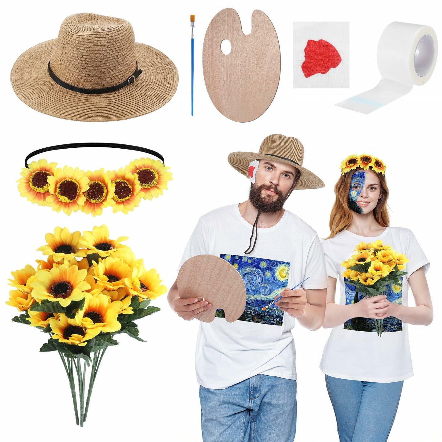 Maiteenly Halloween Couple Costume Set Painting Artist 8 Pcs Yellow Size Adult