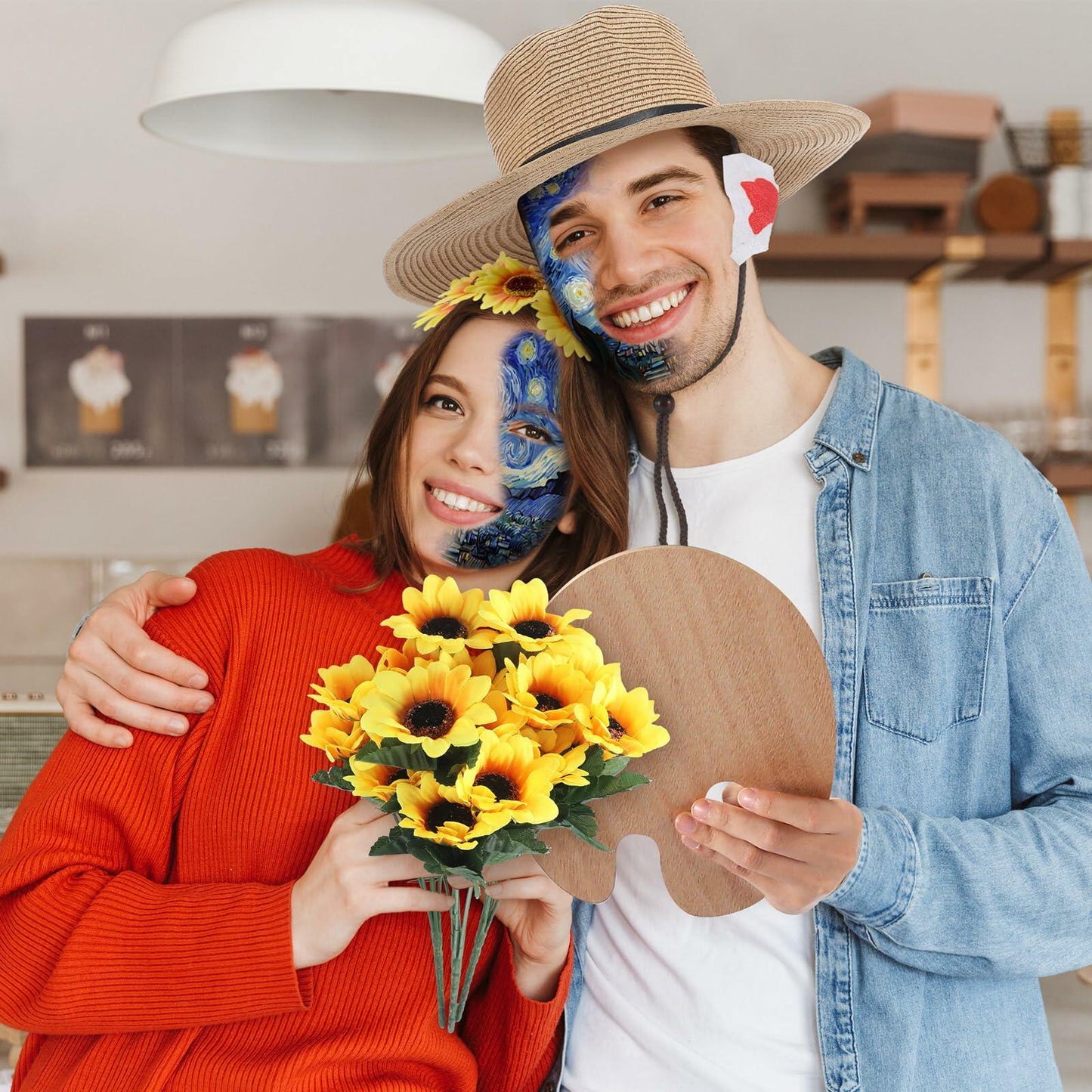 Maiteenly Halloween Couple Costume Set Painting Artist 8 Pcs Yellow Size Adult