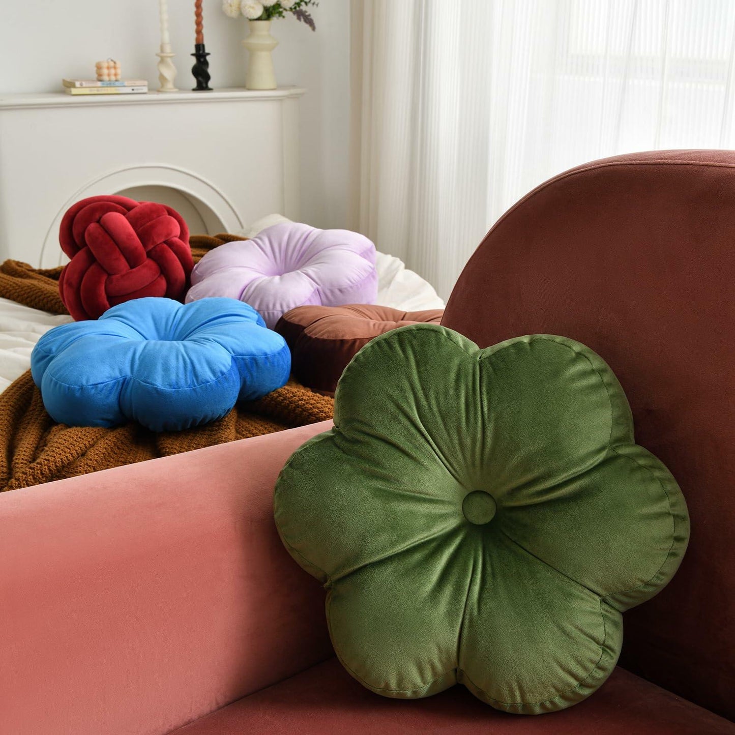 Xuyier Flower Shaped Velvet Throw Pillow 15in Black Floral Modern Decor