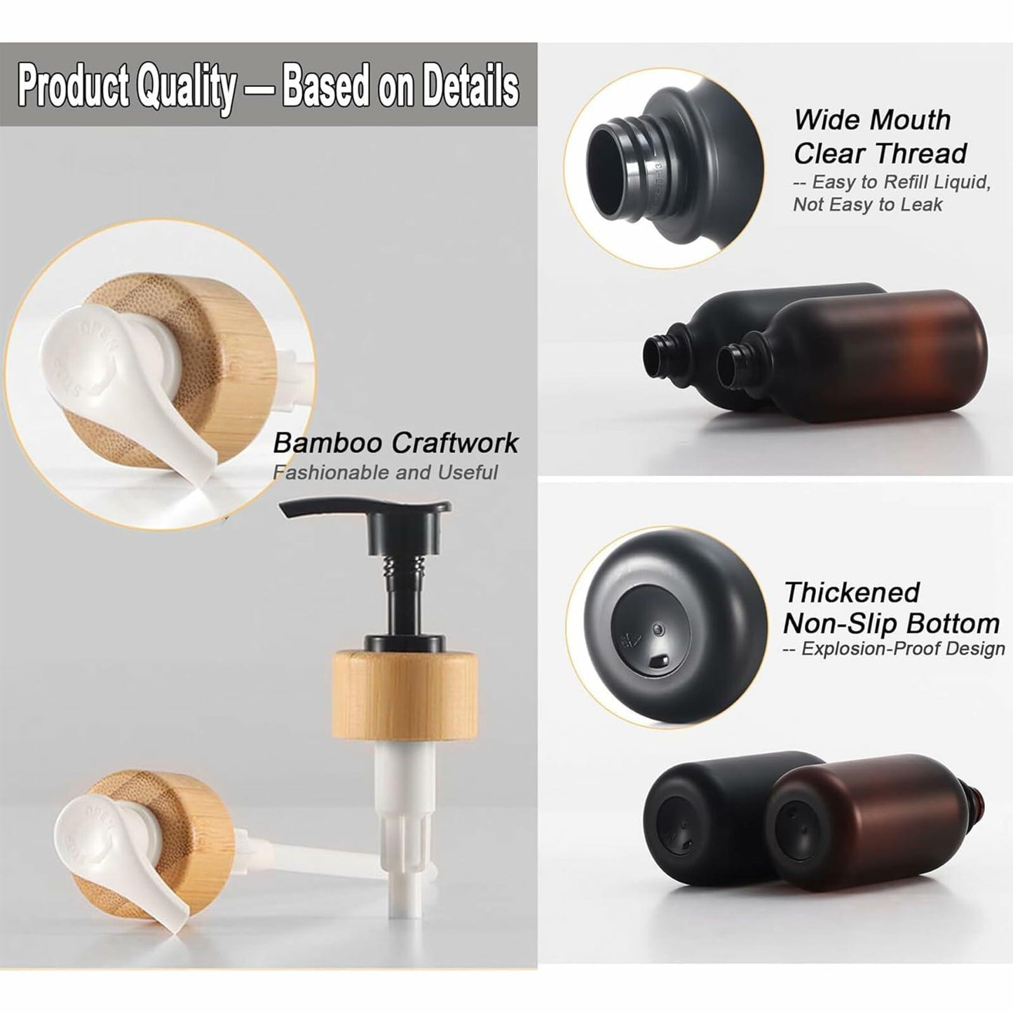 Amorettise Black Plastic Soap Dispenser Bottles 16.9oz 6 Pack Bamboo Pump