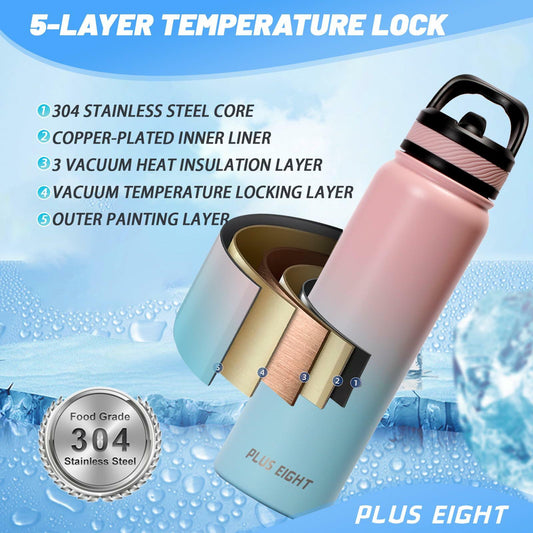 pluseight 32oz Insulated Stainless Steel Water Bottle with Straw Pink Blue