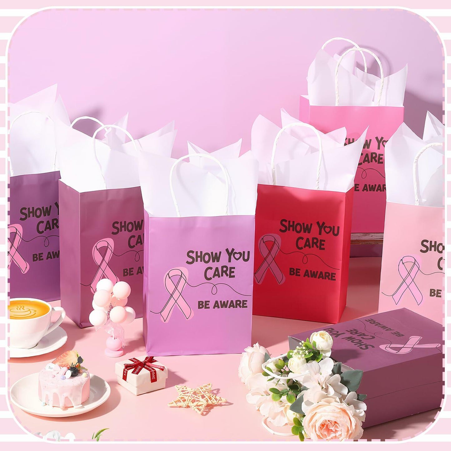 Abbylike 36 Pcs Breast Cancer Awareness Gift Bags Pink Ribbon Pink Color