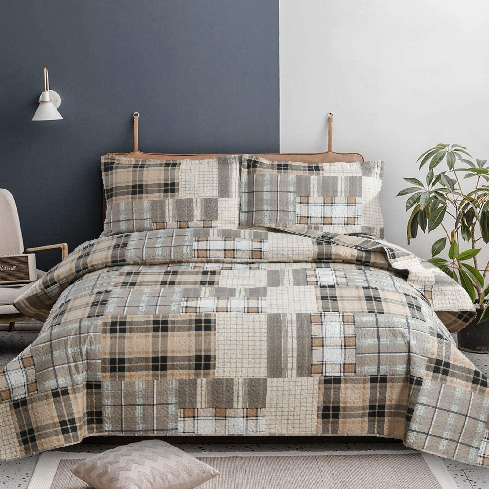 Green Essen King Plaid Bedding Quilt Set Lightweight Brown Coffee Polyester