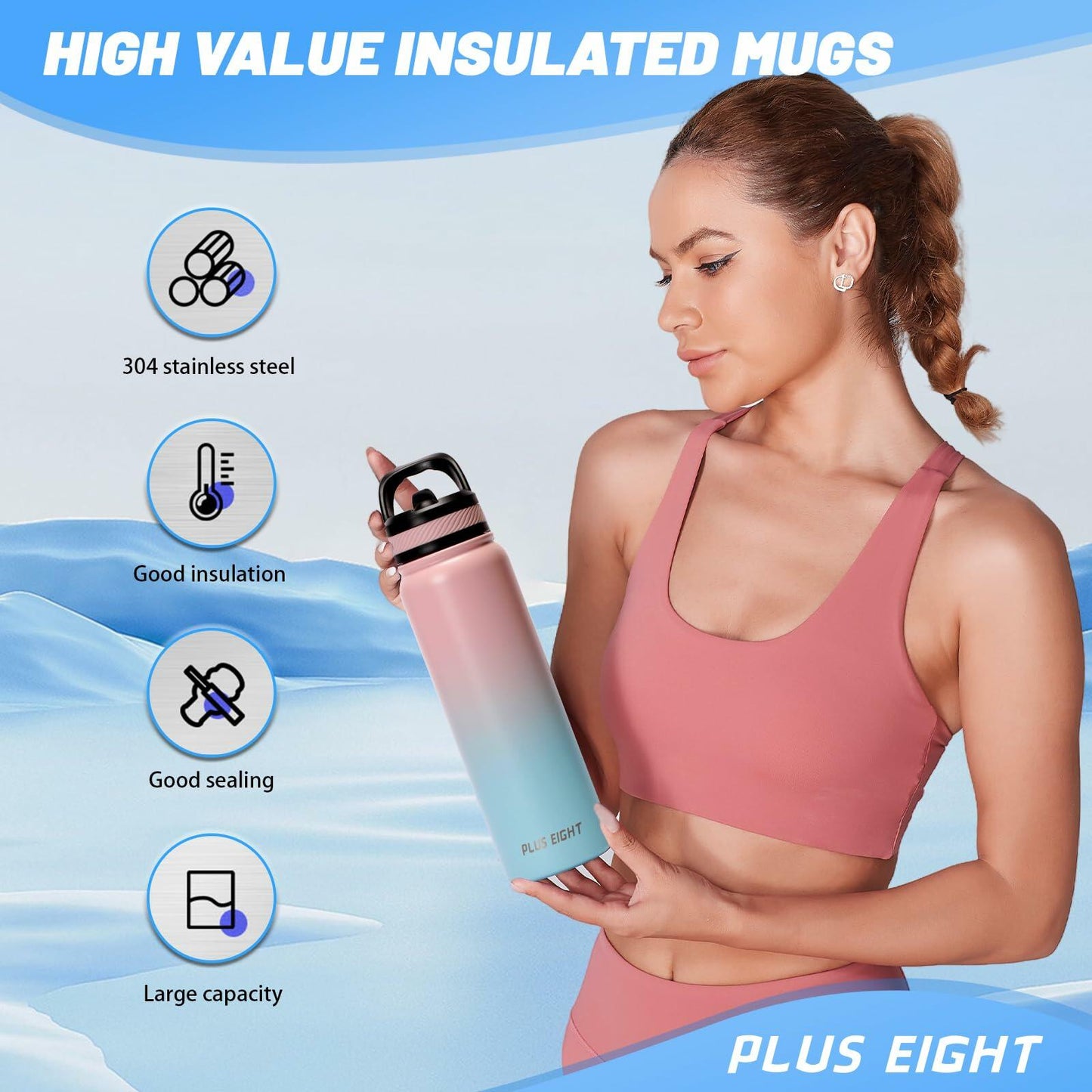 pluseight 32oz Insulated Stainless Steel Water Bottle with Straw Pink Blue