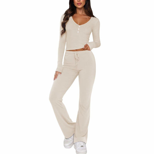 ECHOINE Women's Lounge Set LongSleeve Crop Top Straight Leg Pants Apricot Size L