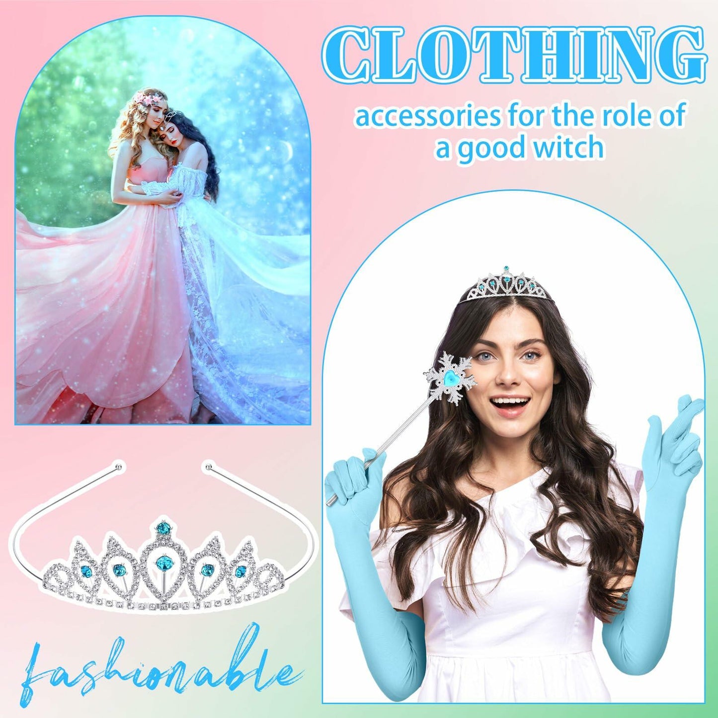 Croknit 16 Pcs Witch Party Favors Blue Pink Princess Crown Wands Gloves