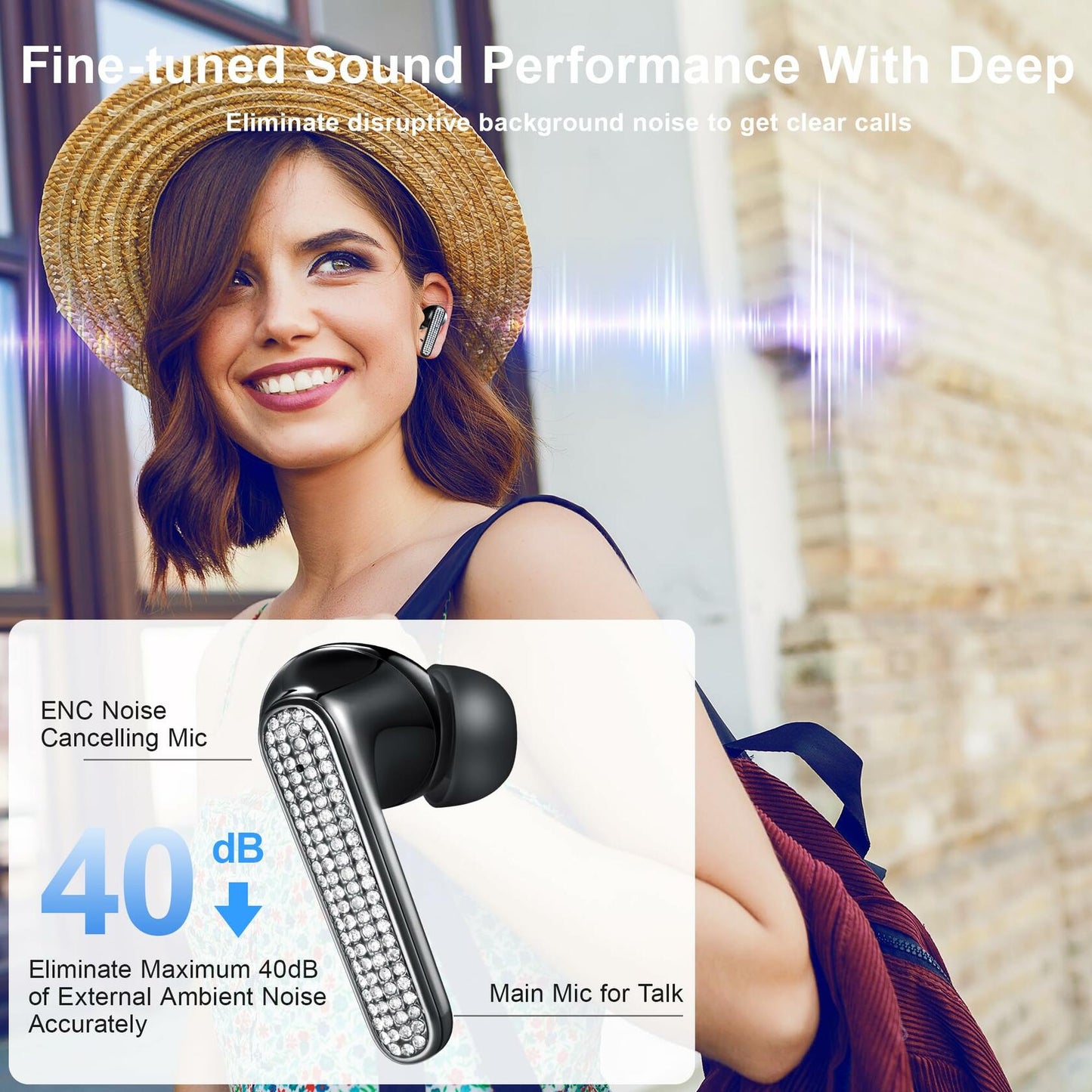 FOHIRES Diamond S Wireless Earbuds Rhinestone Handcrafted Black