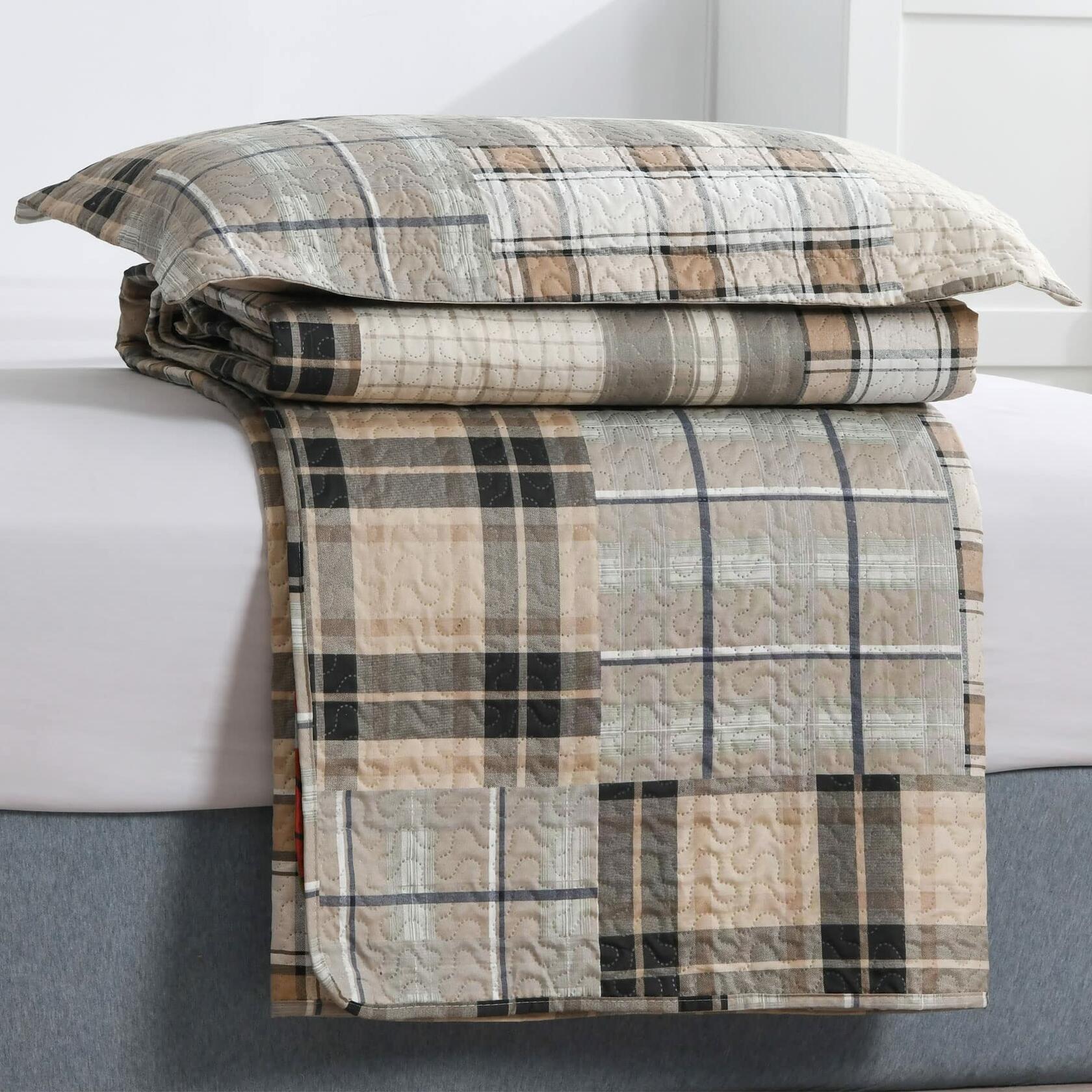 Green Essen King Plaid Bedding Quilt Set Lightweight Brown Coffee Polyester