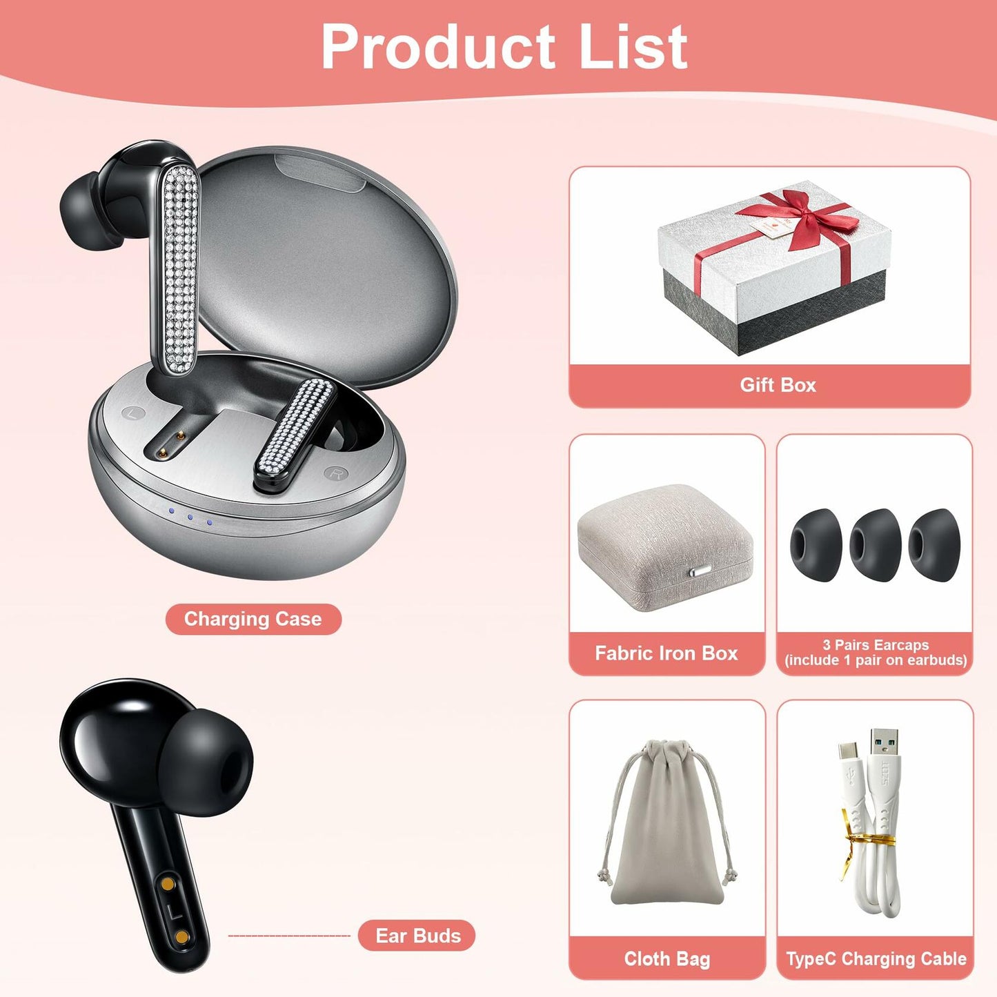 FOHIRES Diamond S Wireless Earbuds Rhinestone Handcrafted Black