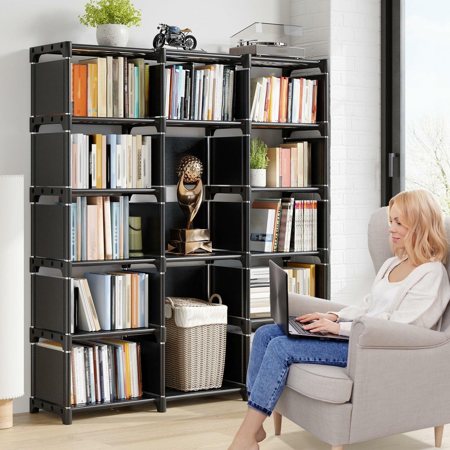 REIBII 13 Cube Storage Organizer Book Shelf Grey 12"D x 47.24"W x 59.05"H