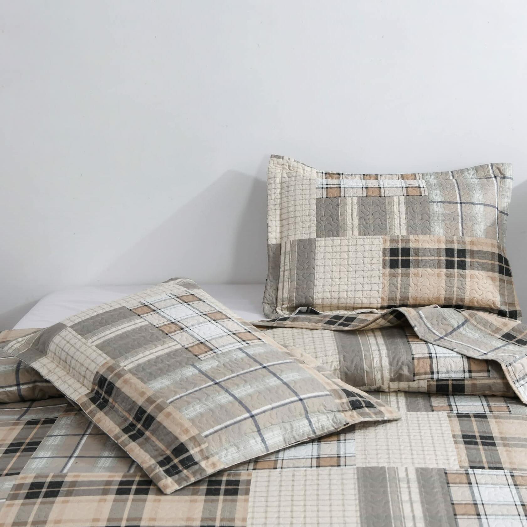 Green Essen King Plaid Bedding Quilt Set Lightweight Brown Coffee Polyester