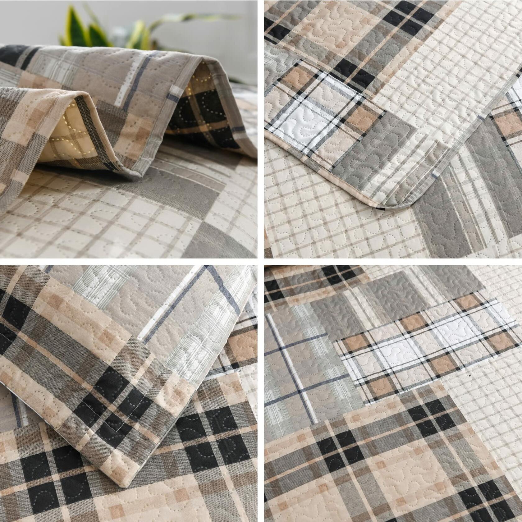 Green Essen King Plaid Bedding Quilt Set Lightweight Brown Coffee Polyester