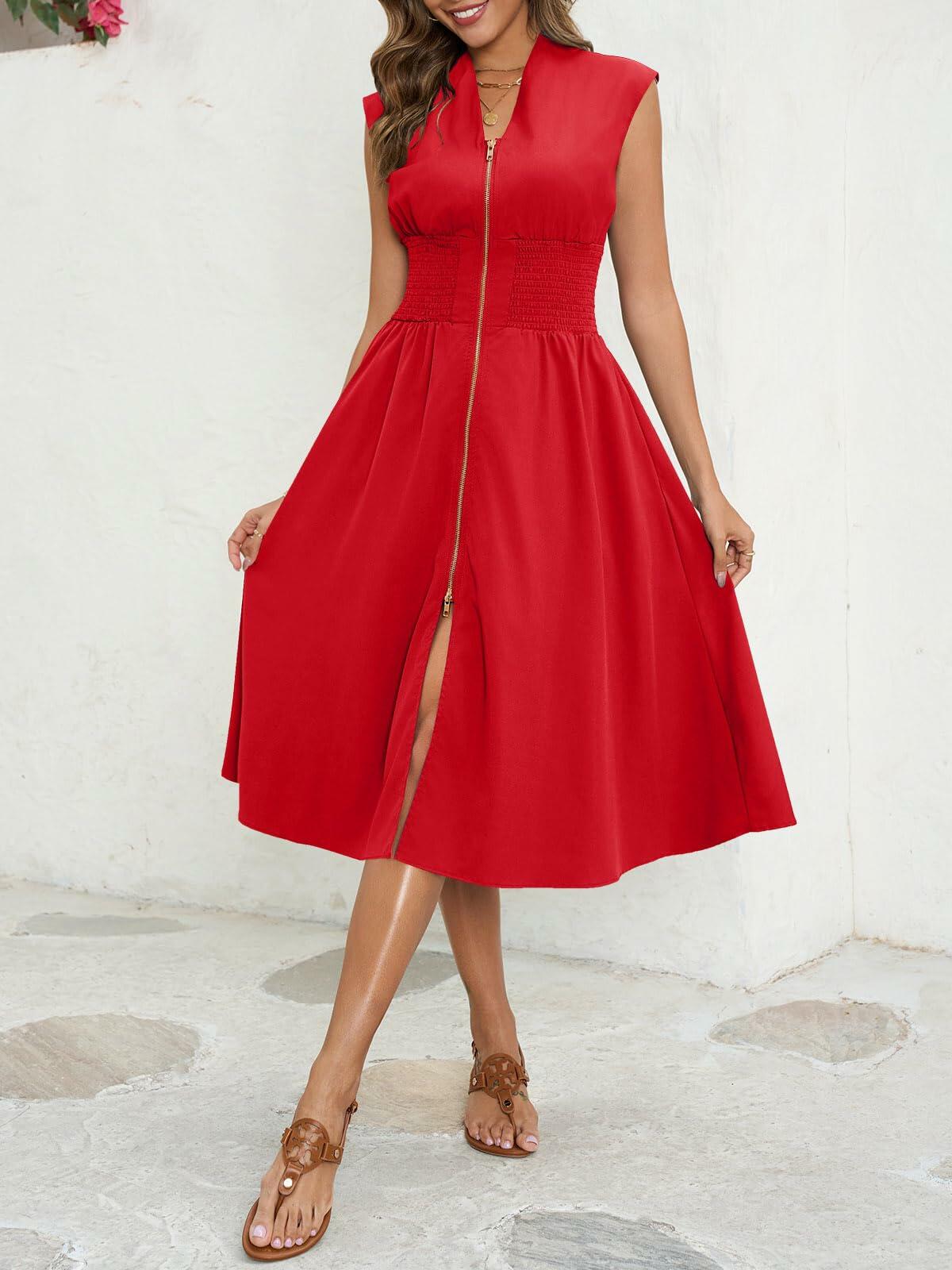 Wenrine Womens Summer Smocked Midi Dress V Neck Cap Sleeve Red Size M