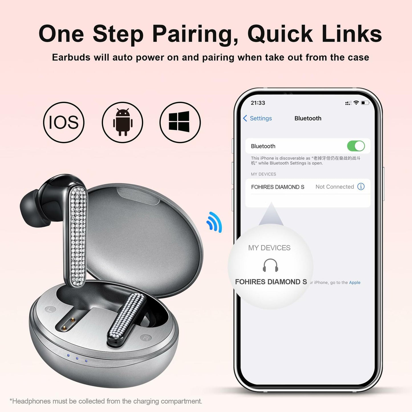 FOHIRES Diamond S Wireless Earbuds Rhinestone Handcrafted Black