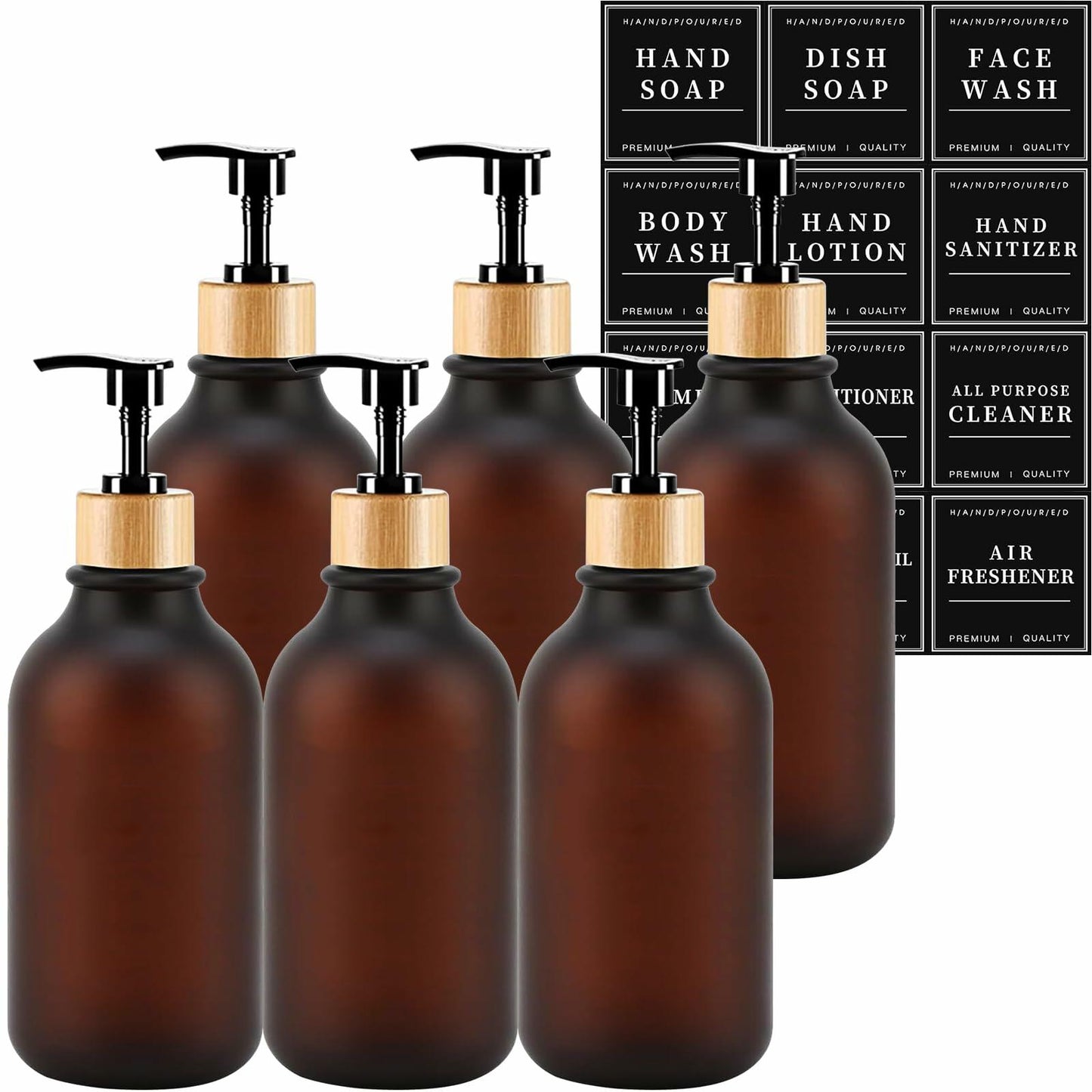 Amorettise Black Plastic Soap Dispenser Bottles 16.9oz 6 Pack Bamboo Pump