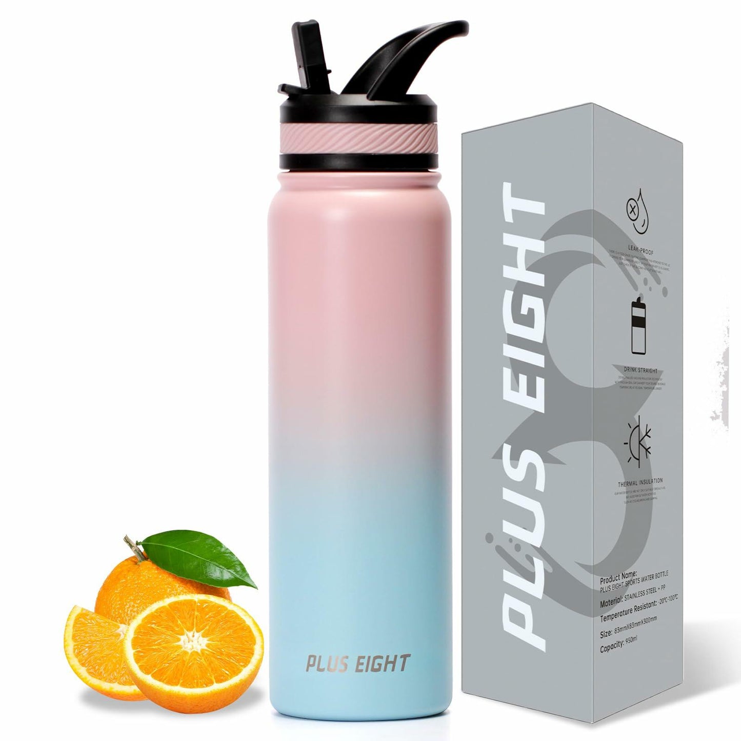 pluseight 32oz Insulated Stainless Steel Water Bottle with Straw Pink Blue