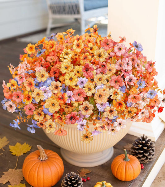 HyeFlora Artificial Fall Flowers Faux Mums with Eucalyptus 12 Bundles Multicolor