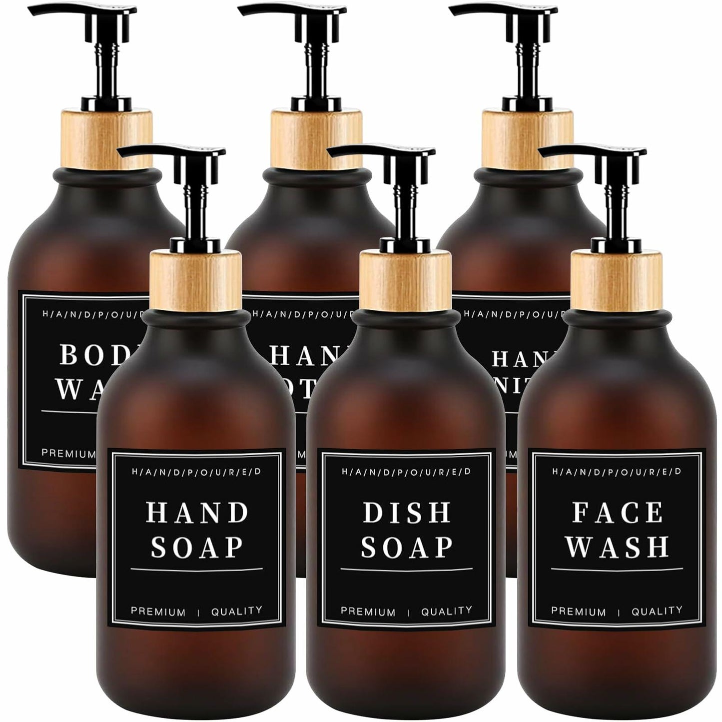 Amorettise Black Plastic Soap Dispenser Bottles 16.9oz 6 Pack Bamboo Pump