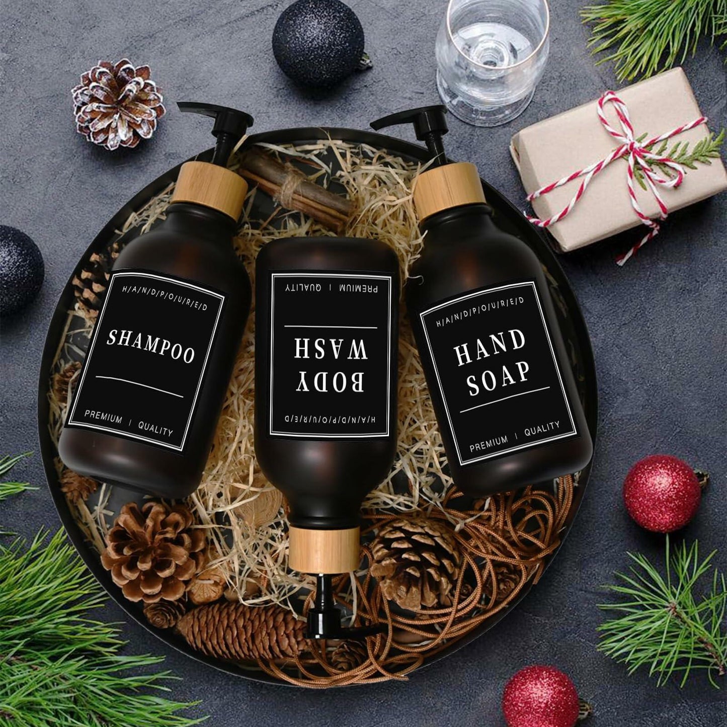 Amorettise Black Plastic Soap Dispenser Bottles 16.9oz 6 Pack Bamboo Pump