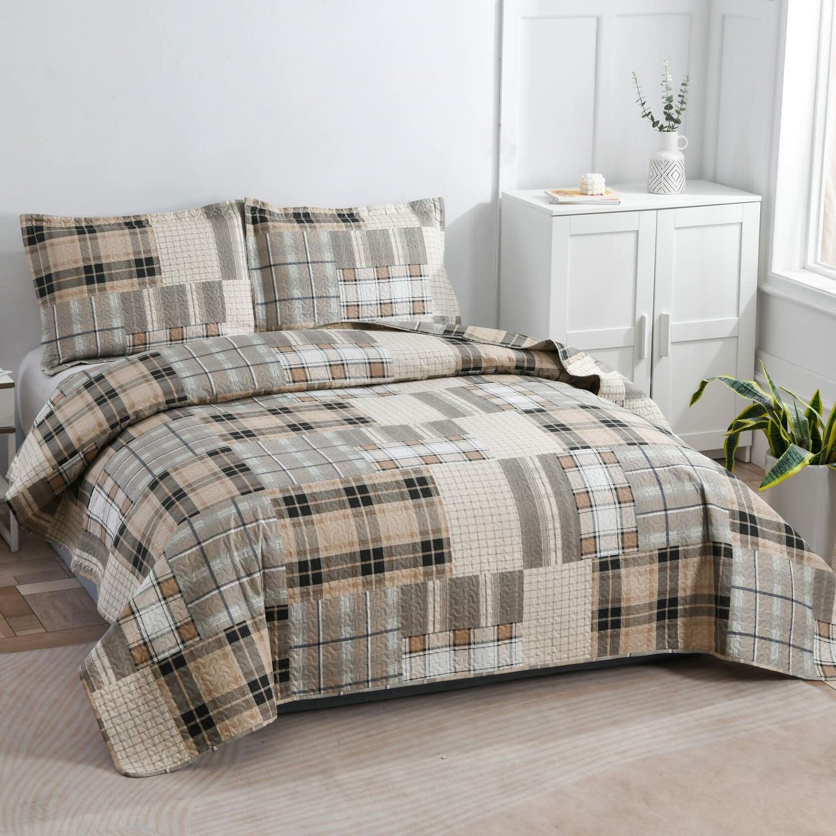 Green Essen King Plaid Bedding Quilt Set Lightweight Brown Coffee Polyester