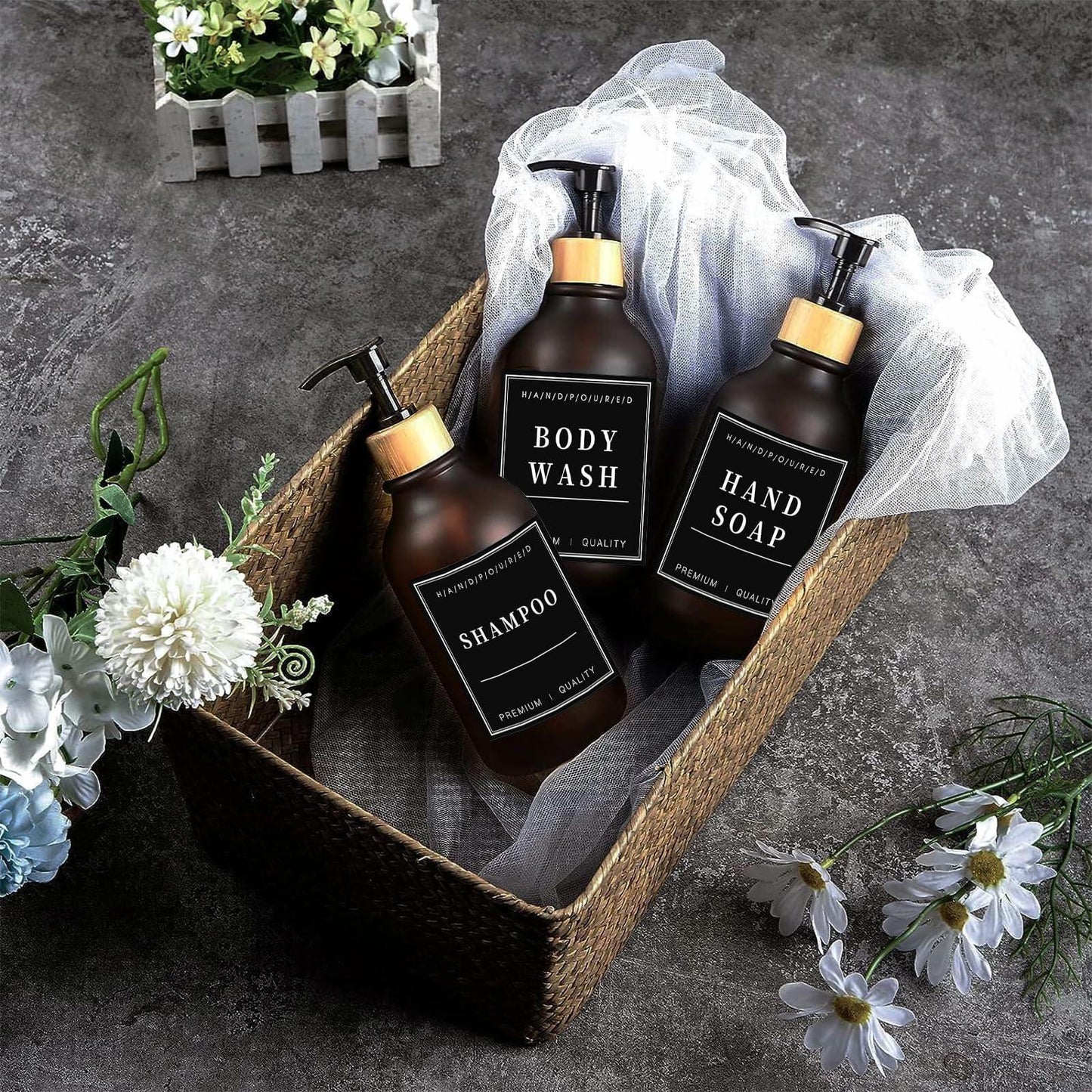 Amorettise Black Plastic Soap Dispenser Bottles 16.9oz 6 Pack Bamboo Pump