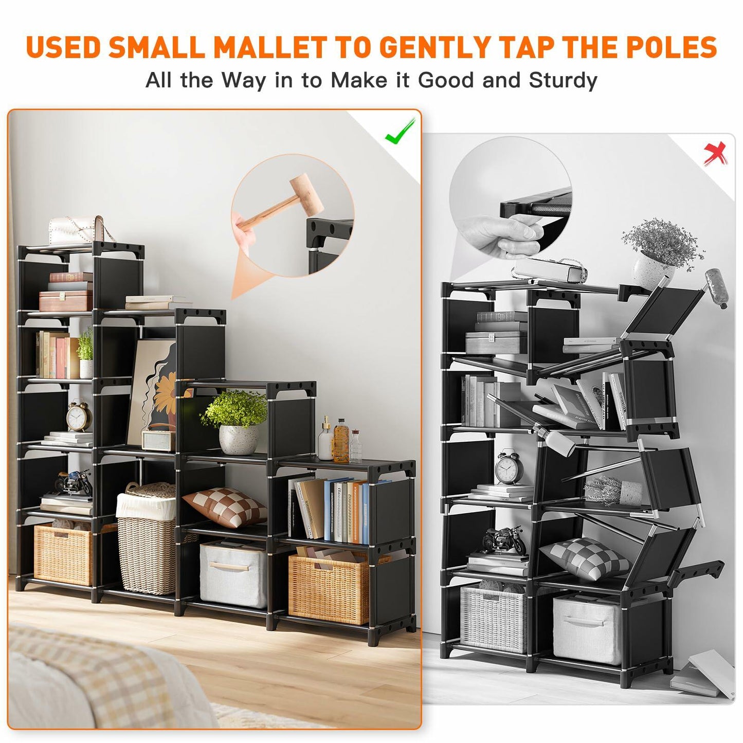 REIBII 13 Cube Storage Organizer Book Shelf Grey 12"D x 47.24"W x 59.05"H