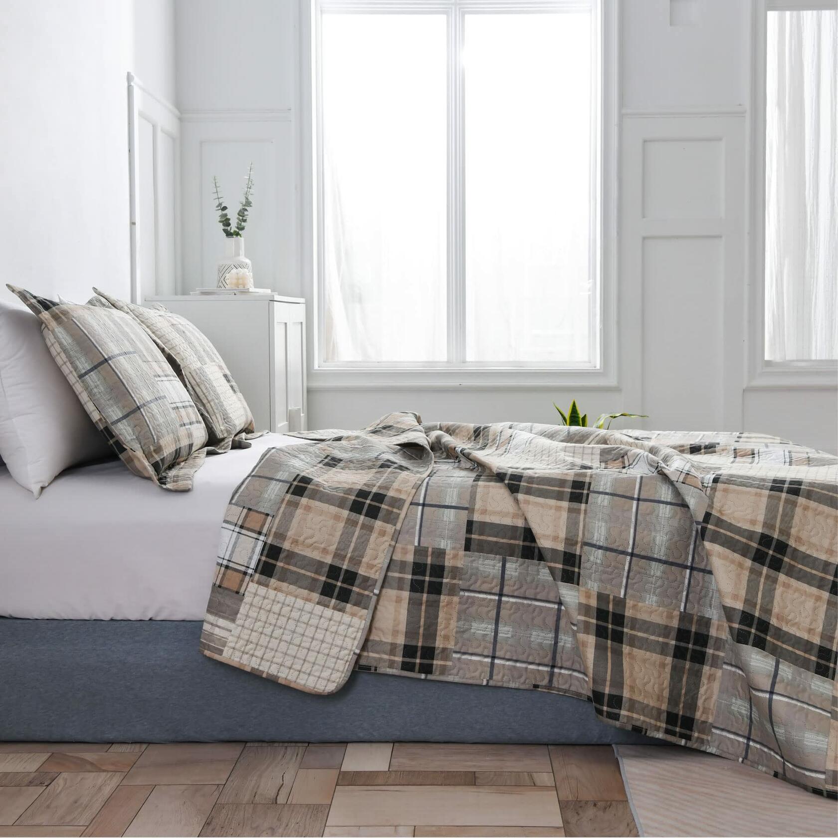 Green Essen King Plaid Bedding Quilt Set Lightweight Brown Coffee Polyester