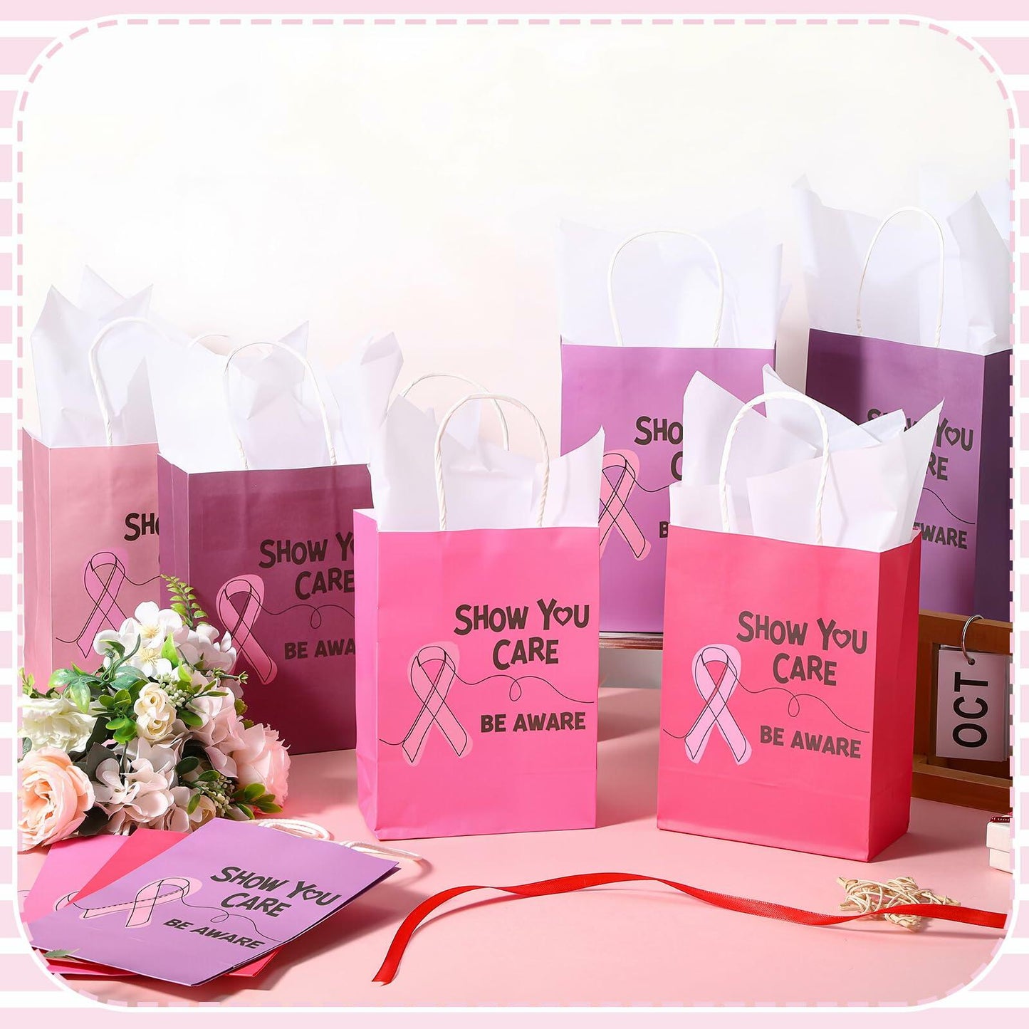 Abbylike 36 Pcs Breast Cancer Awareness Gift Bags Pink Ribbon Pink Color