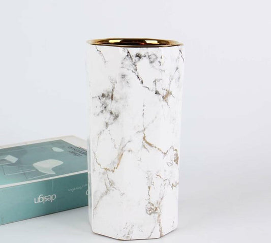 Generic White Gold Finish Marble Ceramic Flower Vase Octagon Modern 10"