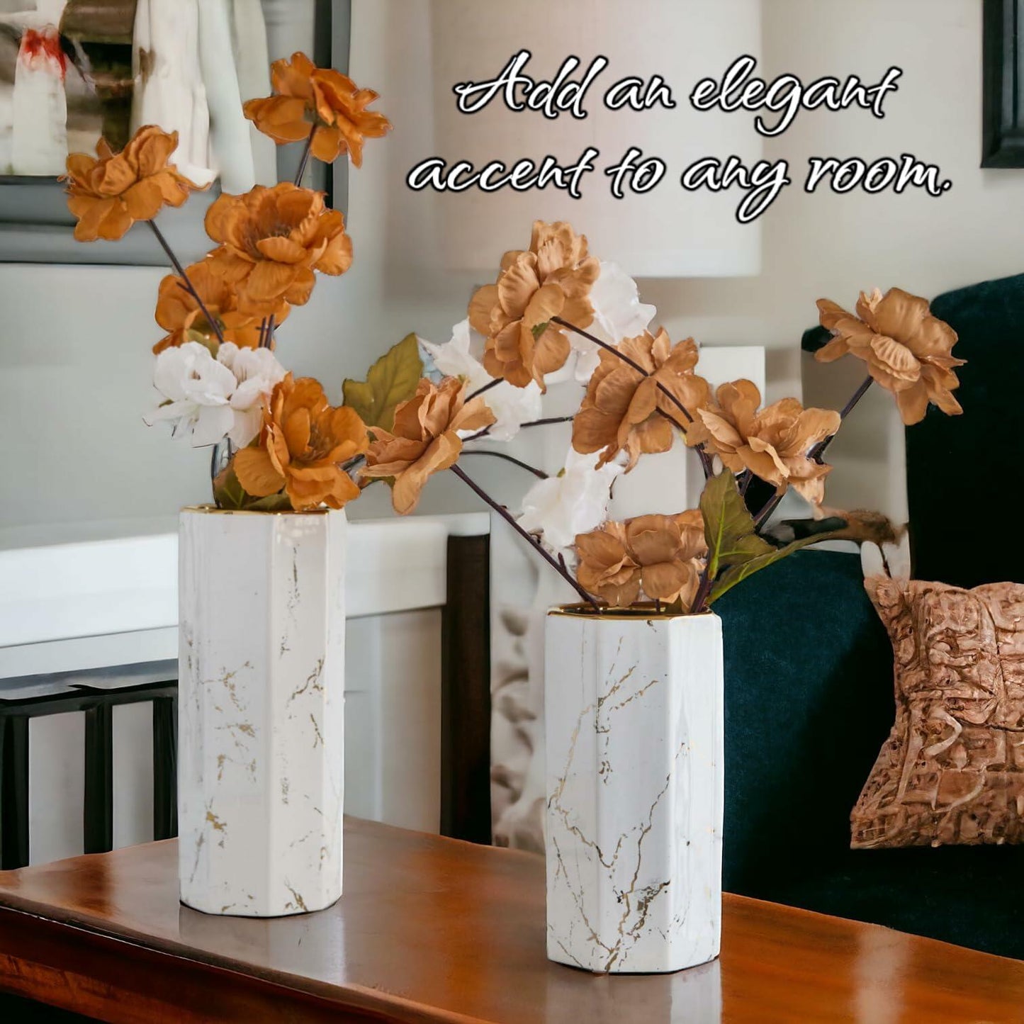 Generic White Gold Finish Marble Ceramic Flower Vase Octagon Modern 10"