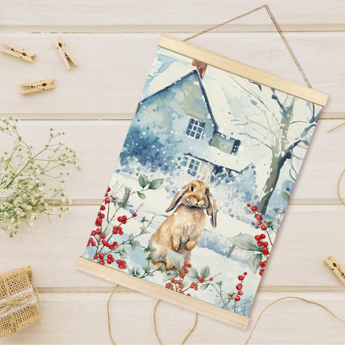TAEDIN Christmas Poster Hanger 12x16 Bunny Watercolor Wooden Frame Decor