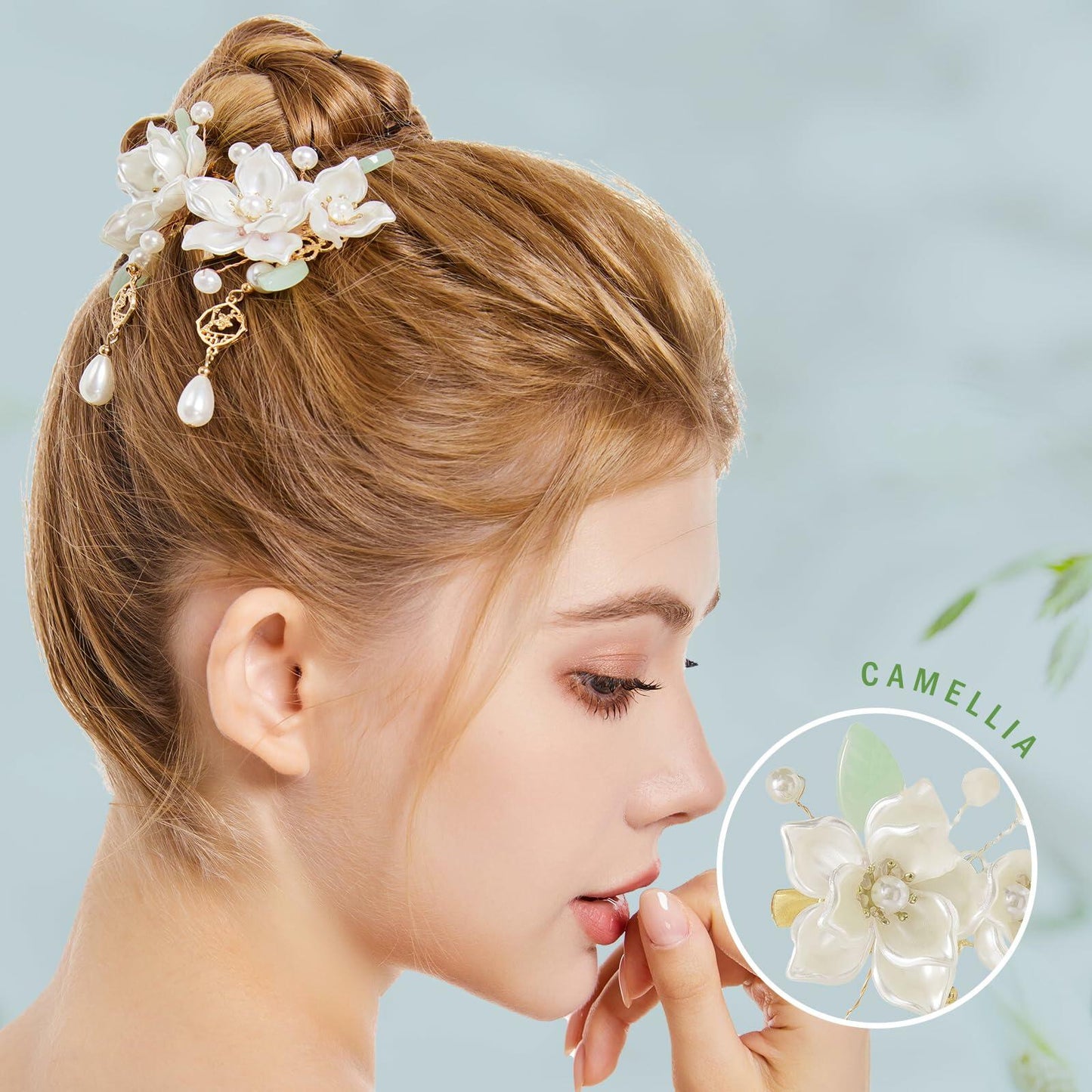 SHIYANG Handmade Camellia Floral Hair Clips White 1 Pair Copper SYFJ03