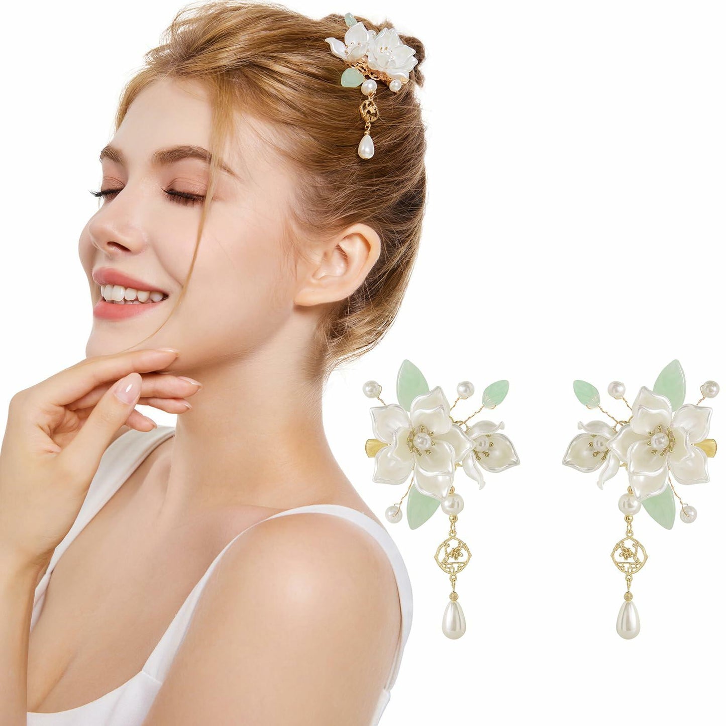 SHIYANG Handmade Camellia Floral Hair Clips White 1 Pair Copper SYFJ03