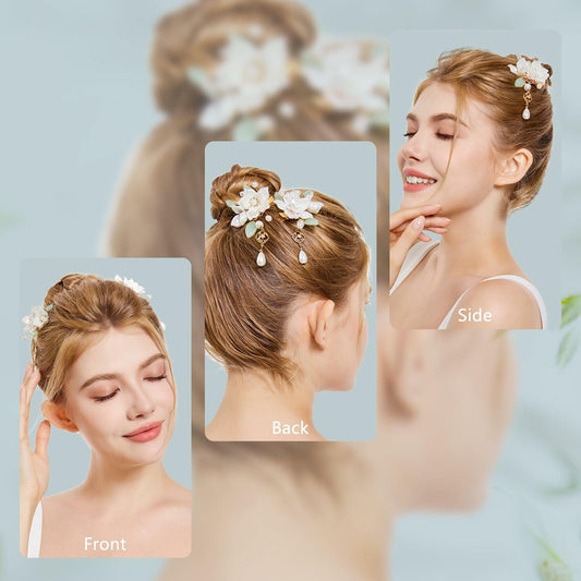 SHIYANG Handmade Camellia Floral Hair Clips White 1 Pair Copper SYFJ03