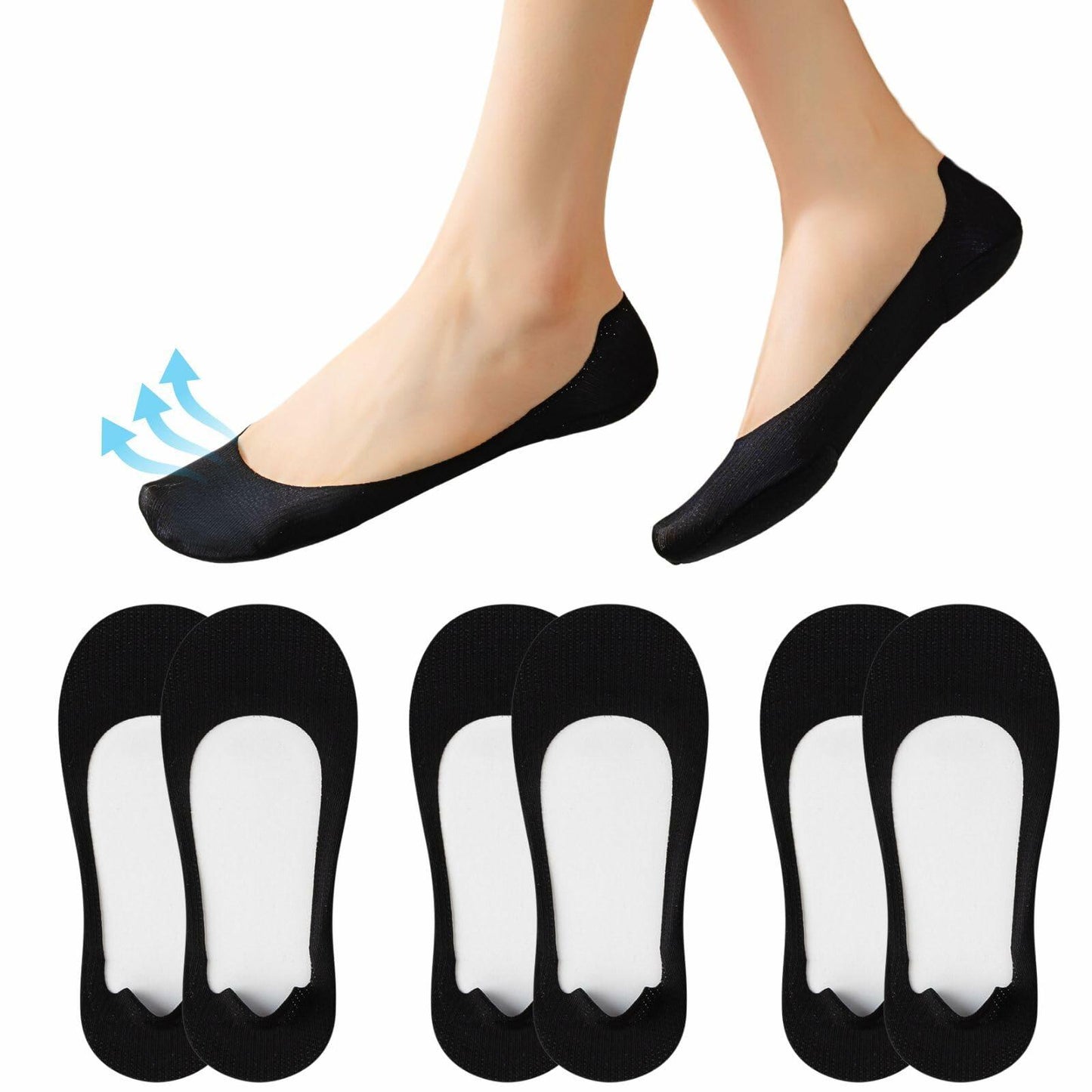 Soxbang 3 Pack No Show Socks Ball-of-Foot Cushion Ultra Low Cut Black Size 5-7.5