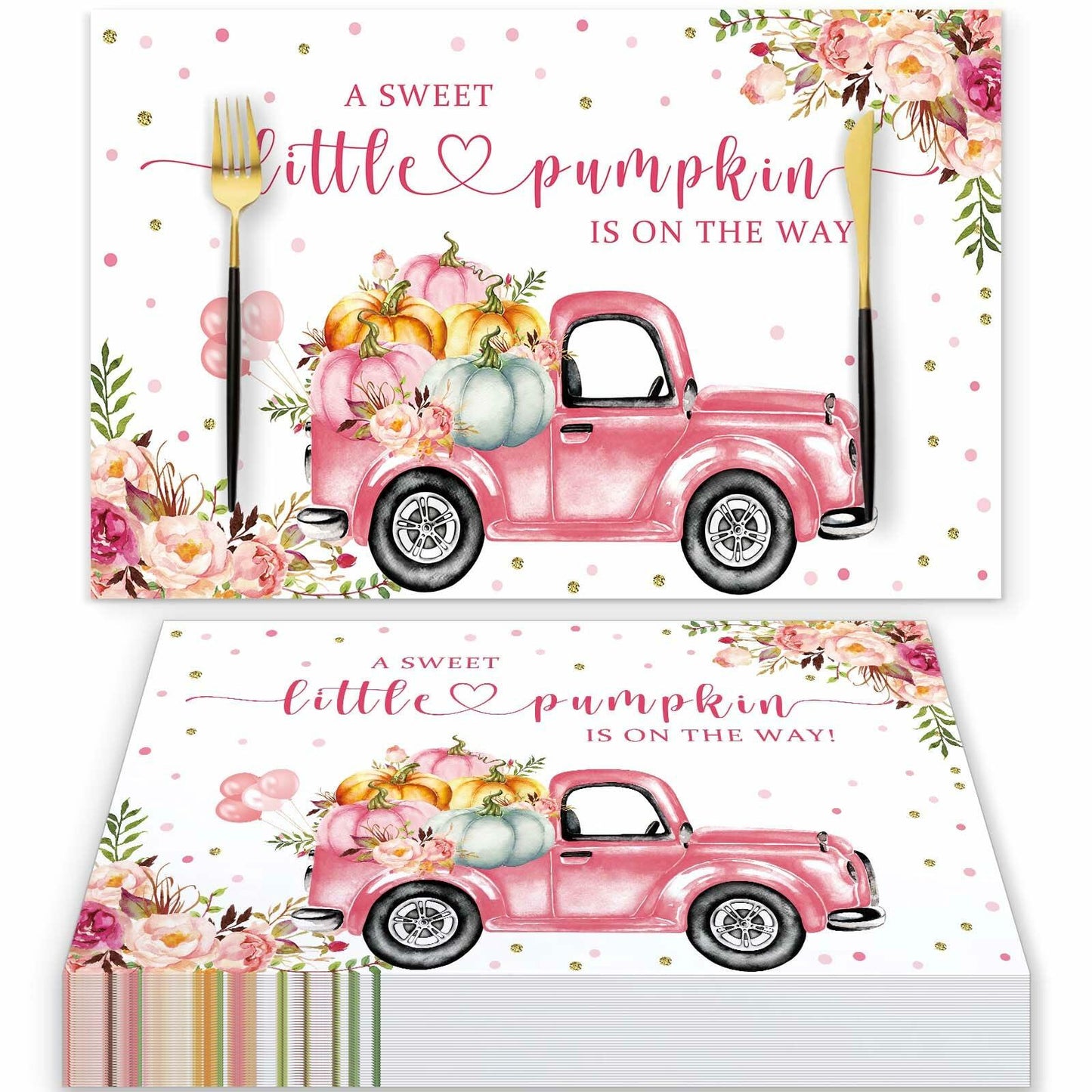 Andrain 50pcs Pumpkin Disposable Paper Placemats 11x17in Pink Flowers