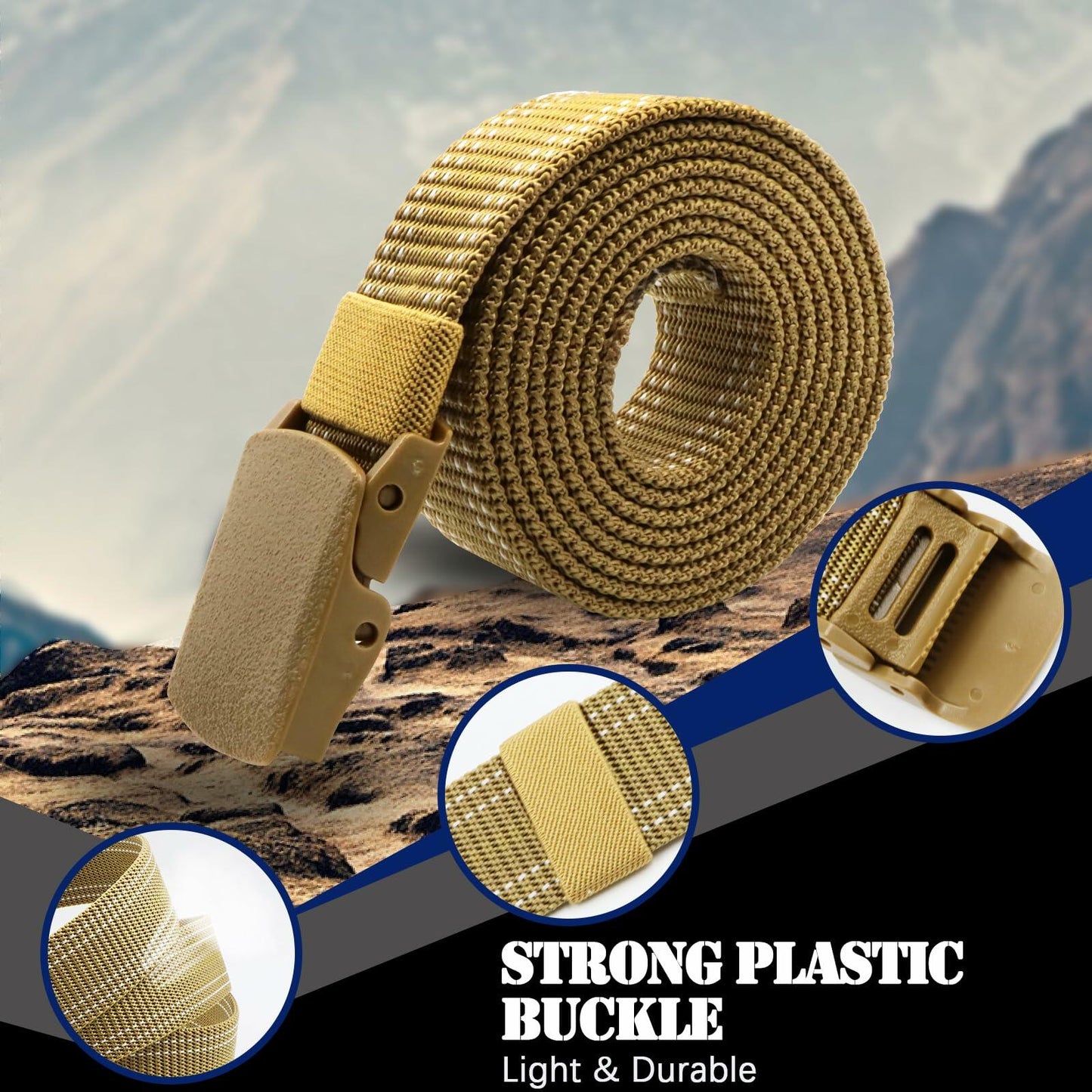 Sworew Men’s Tactical Nylon Belt Adjustable Web Non-Metal Buckle Khaki 54in