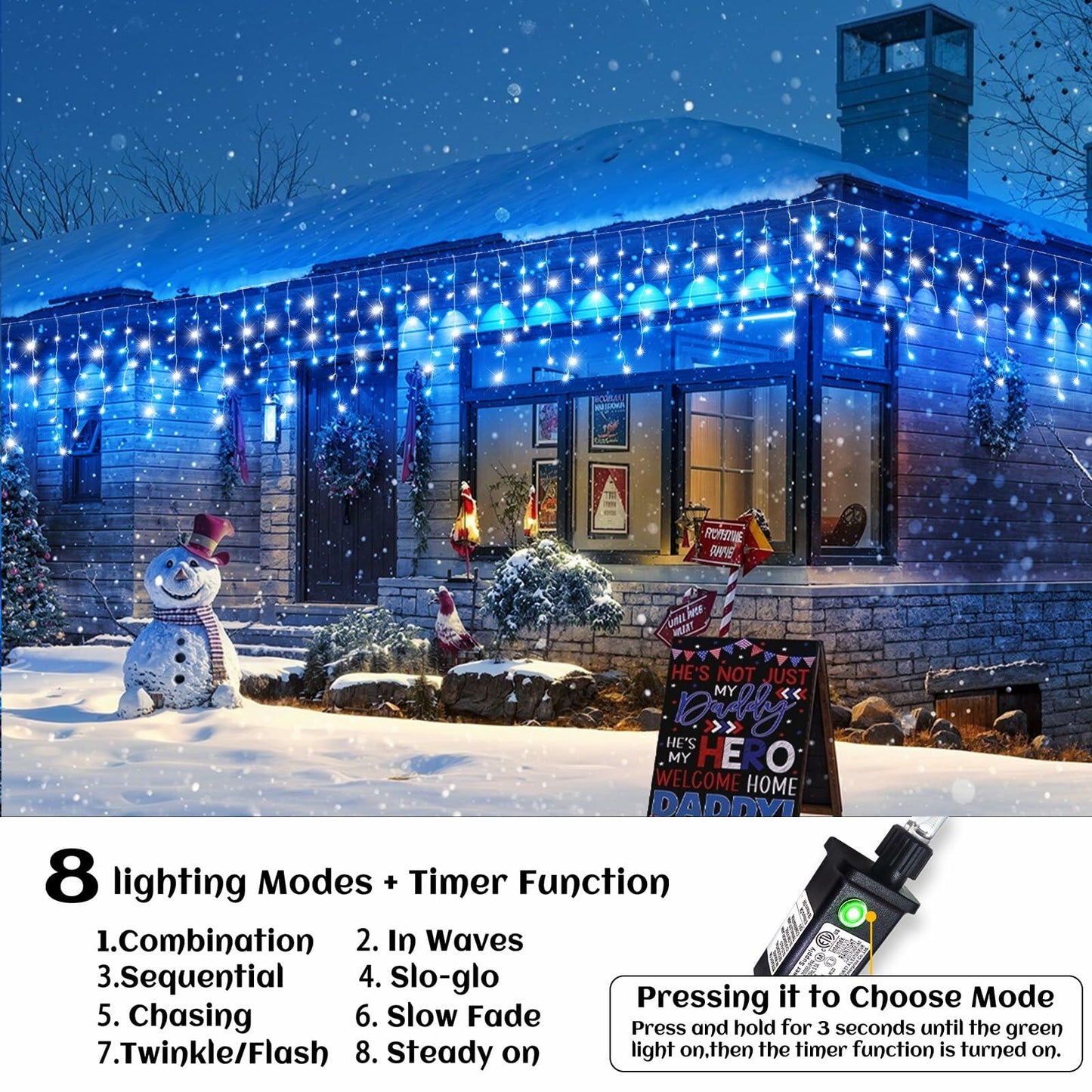 Nielfoi 66ft Icicle Lights 640 LED Blue White Outdoor Indoor Twinkle Curtain