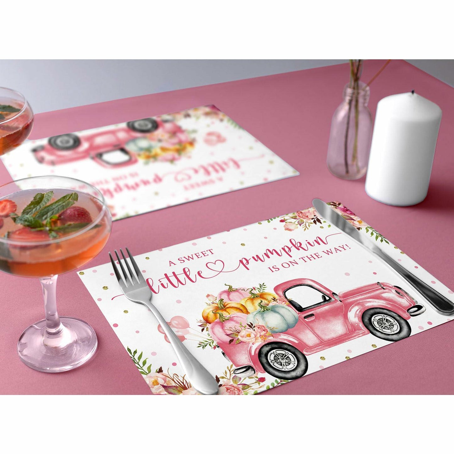 Andrain 50pcs Pumpkin Disposable Paper Placemats 11x17in Pink Flowers