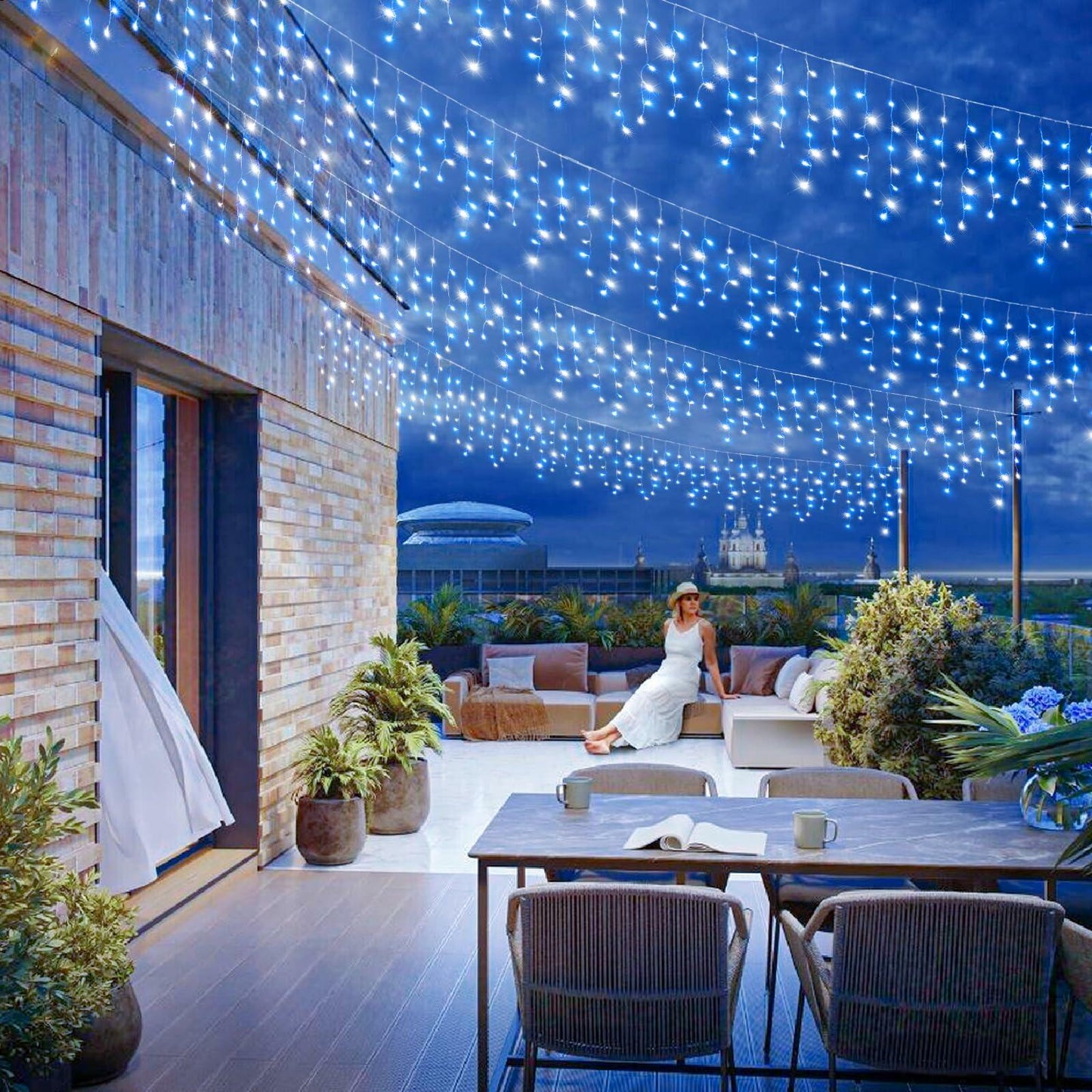 Nielfoi 66ft Icicle Lights 640 LED Blue White Outdoor Indoor Twinkle Curtain