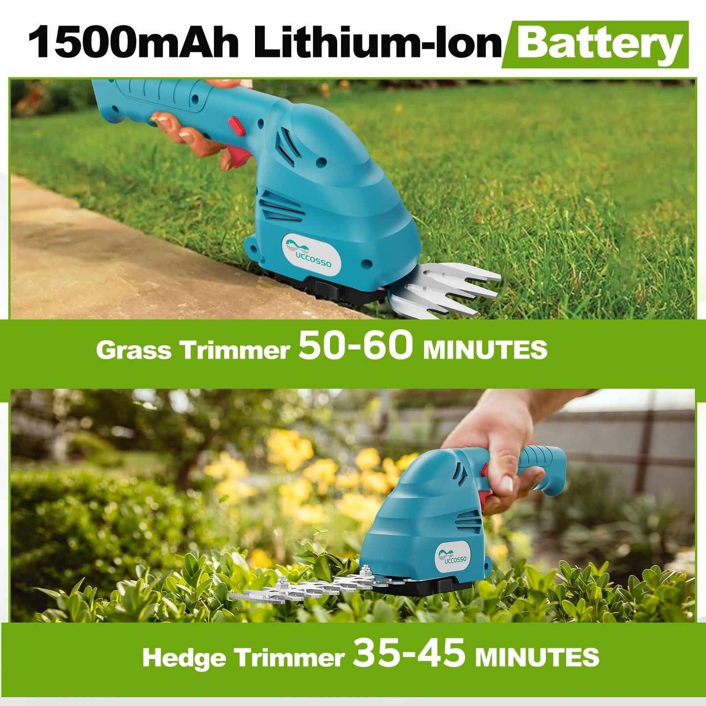 UCCOSSO Cordless Hedge Trimmer 2-in-1 Grass Shear 1.5Ah Battery Blue
