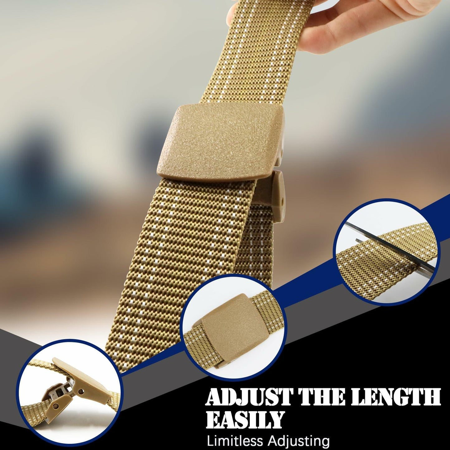 Sworew Men’s Tactical Nylon Belt Adjustable Web Non-Metal Buckle Khaki 54in