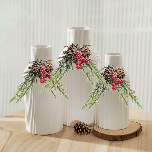 Brighomrom Christmas Ceramic Vases Set of 3 White Ribbed Pineflower Rings