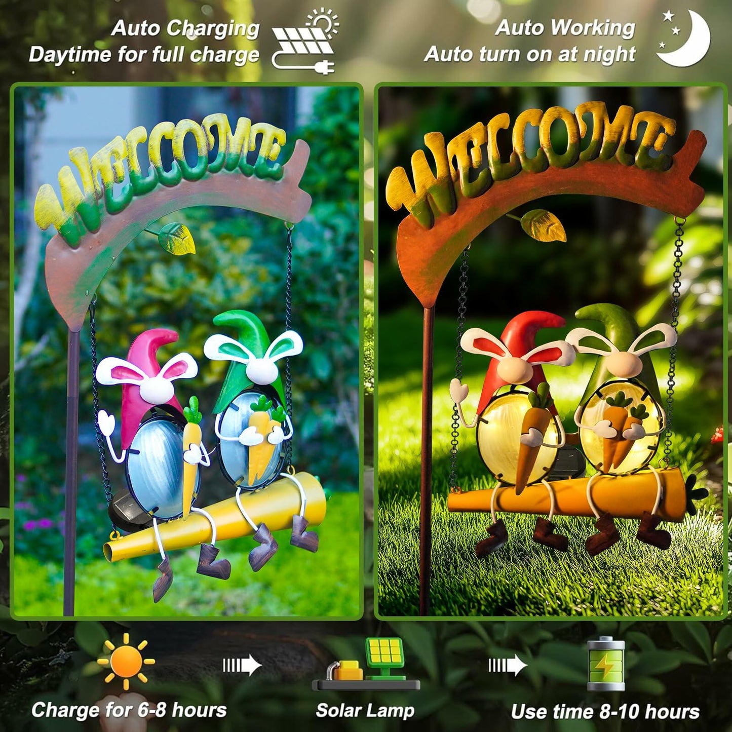 HONGLAND Solar Christmas Gnomes Outdoor Decor Orange Rabbit Welcome Sign