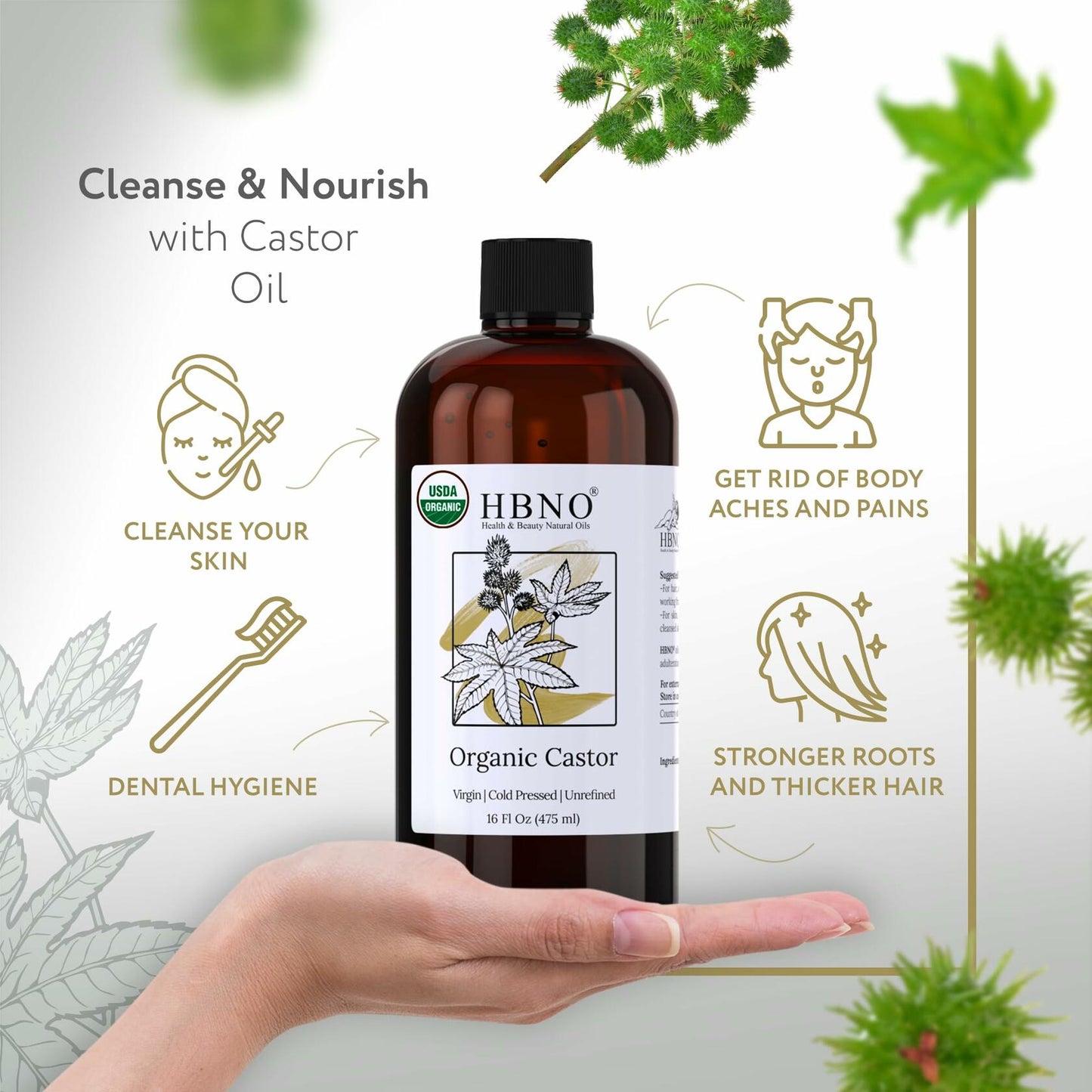 HBNO California Organic Castor Oil 16 fl oz USDA Certified Hexane Free