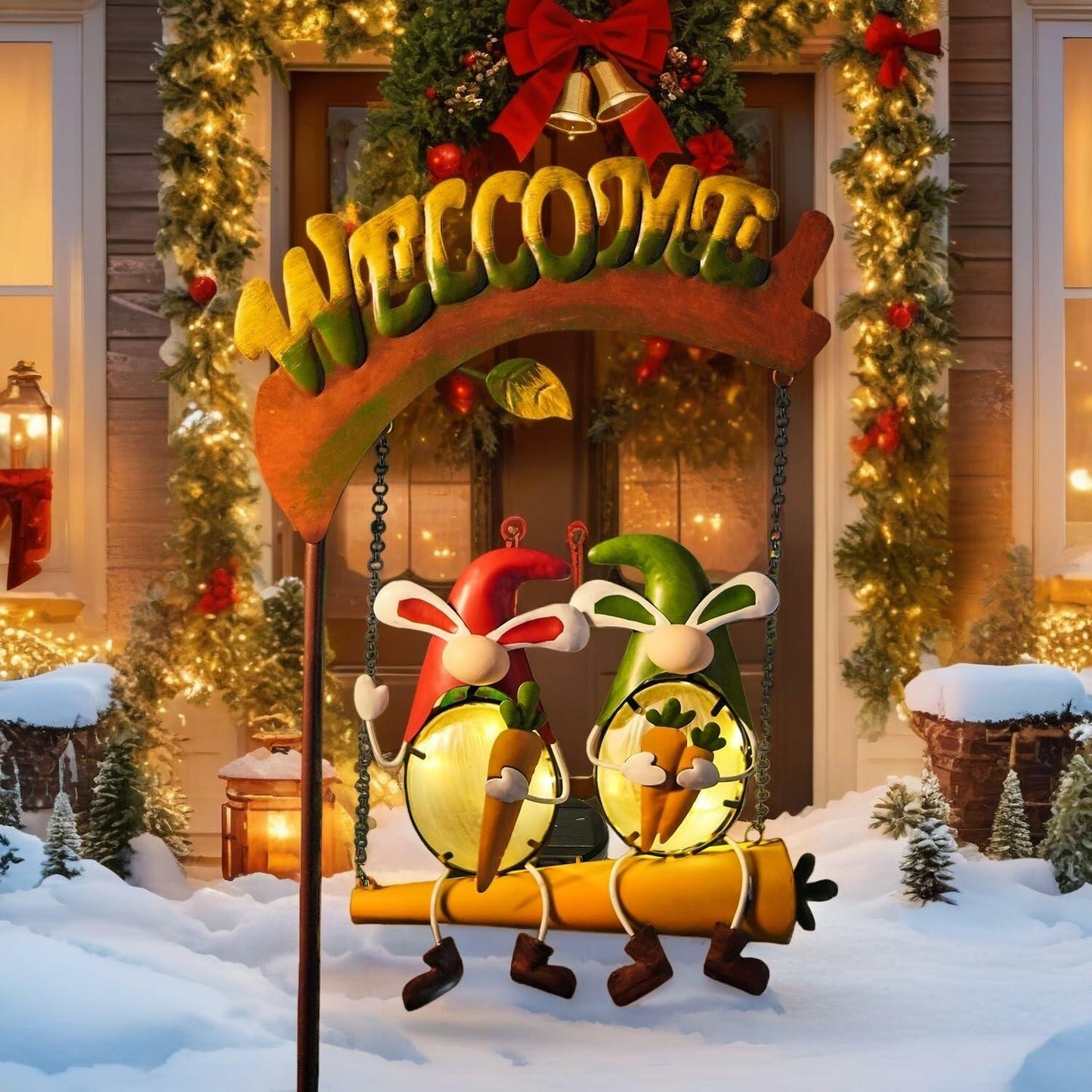 HONGLAND Solar Christmas Gnomes Outdoor Decor Orange Rabbit Welcome Sign