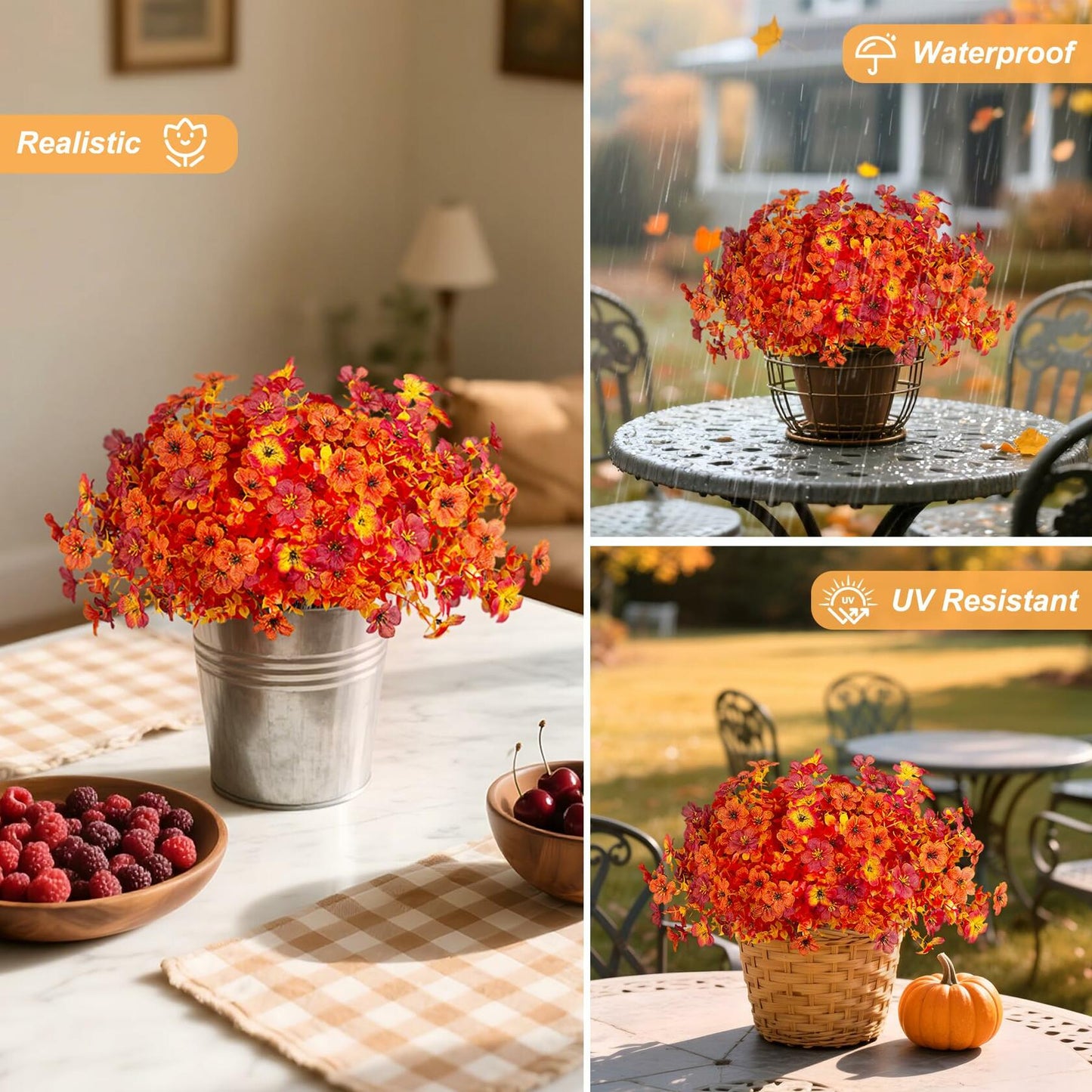 INXUGAO Artificial Mums Fall Flowers UV Resistant 9.7x9.7x13.7in B-red