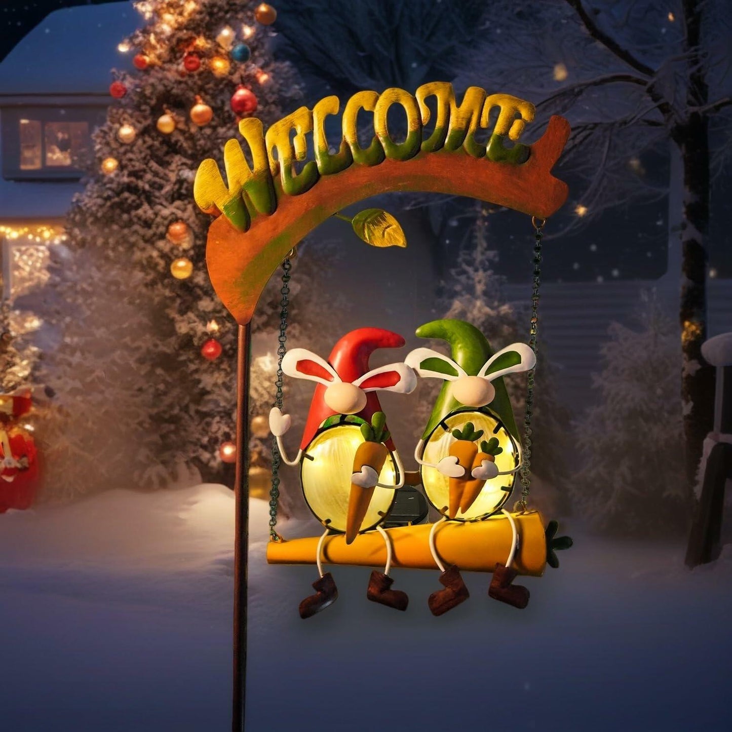 HONGLAND Solar Christmas Gnomes Outdoor Decor Orange Rabbit Welcome Sign