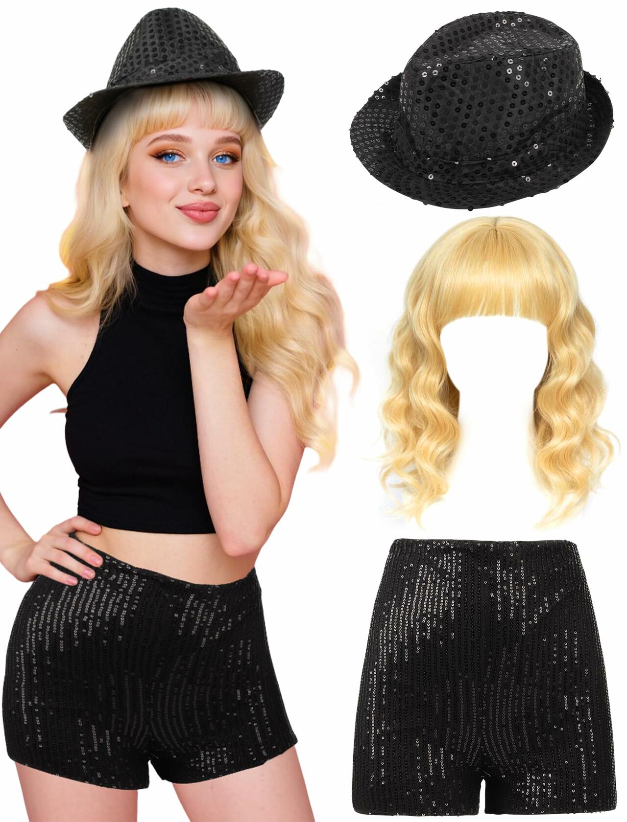 PJPSAA Halloween Singer Costume 3pc Wig Hat Shorts Blonde XL