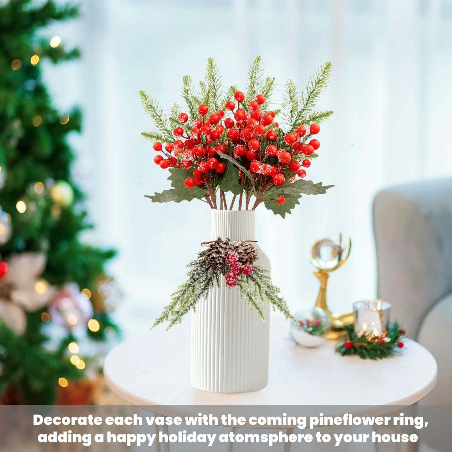 Brighomrom Christmas Ceramic Vases Set of 3 White Ribbed Pineflower Rings